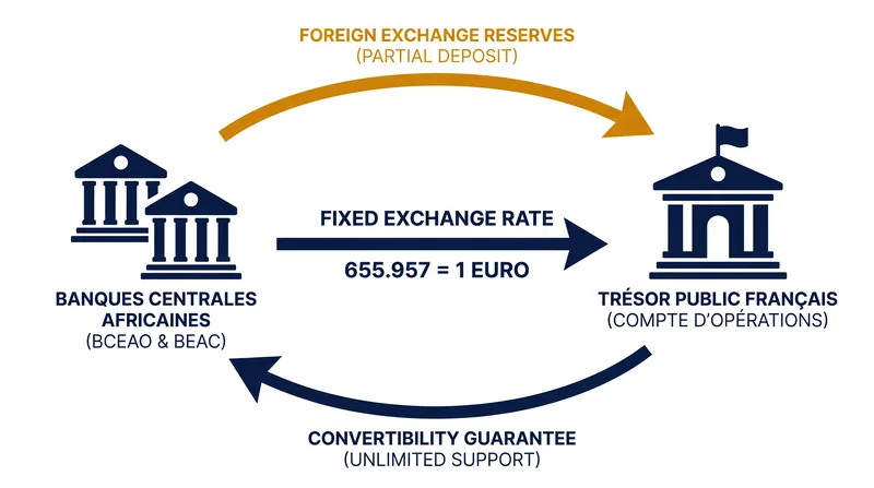 The structural mechanism relies on a fixed euro peg guaranteed by the French Treasury in exchange for centralized foreign reserves.