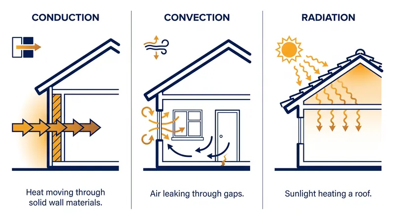 Insulation primarily targets conduction, leaving homes vulnerable to heat loss if convection (air leaks) is not addressed.