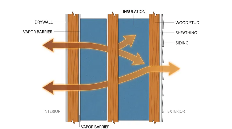Wooden studs make up roughly 25% of a standard wall and act as thermal bridges, allowing heat to bypass the insulation entirely.