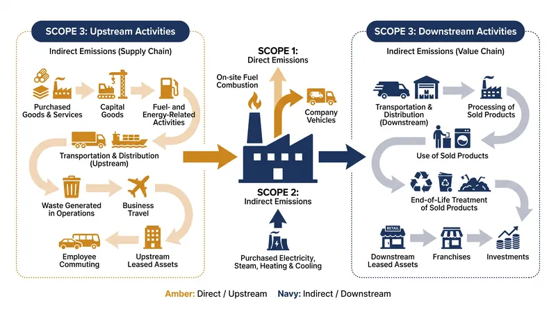 The Greenhouse Gas Protocol divides emissions into direct operations (Scope 1), purchased energy (Scope 2), and the broader value chain (Scope 3).