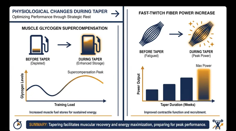 During a taper, the body over-repairs, storing excess glycogen and increasing fast-twitch muscle fiber power.