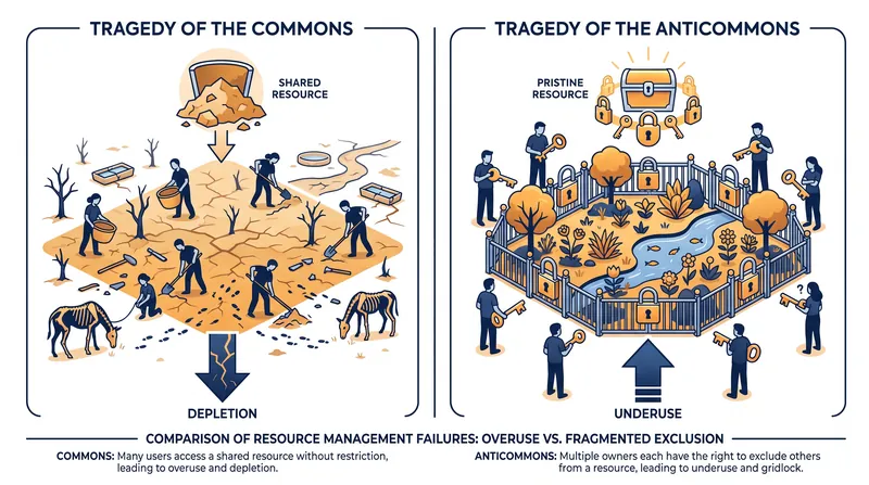 While a commons is destroyed by overuse, an anticommons is wasted through underuse due to excessive exclusion rights.