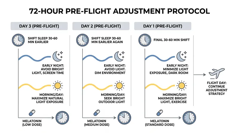 Combining pre-flight schedule shifts with targeted light and melatonin creates a synergistic effect.
