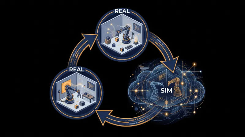 The modern iterative loop maps the physical world into simulation before deploying the trained policy back to reality.