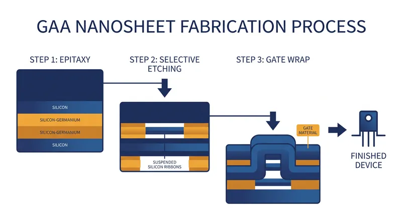 Manufacturing GAA transistors requires selectively etching away sacrificial layers of material to leave suspended silicon sheets.