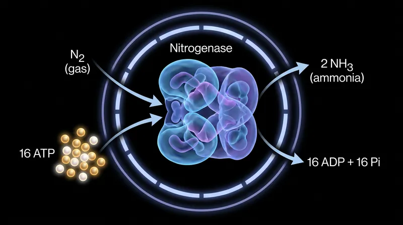Biological nitrogen fixation requires a massive cellular energy investment of 16 ATP molecules to break a single nitrogen bond.