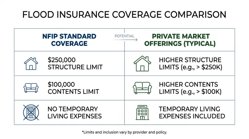 Private flood insurance often provides higher limits and additional coverages excluded by the NFIP.