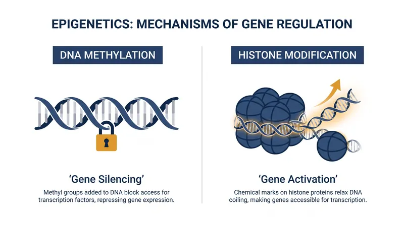 The two primary mechanisms of epigenetic regulation: DNA methylation and histone modification.