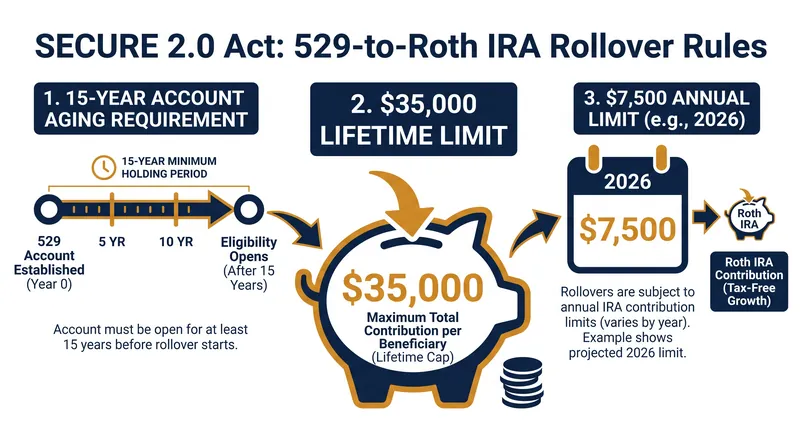 Key limits and requirements for rolling unused 529 funds into a Roth IRA.