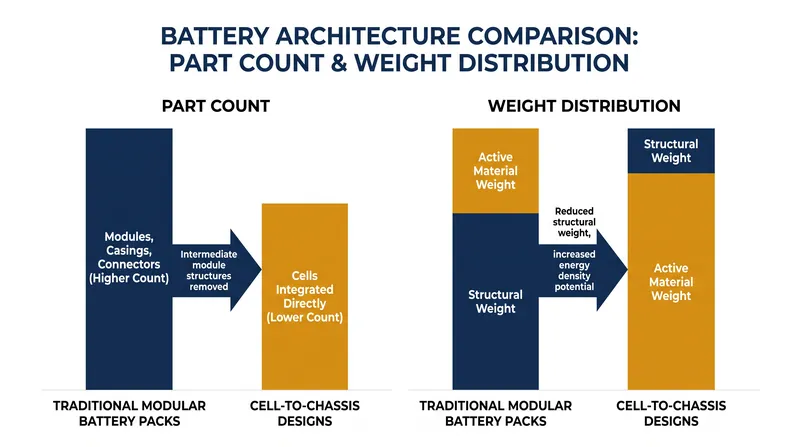 Structural integration removes hundreds of intermediate components, reducing overall vehicle mass.