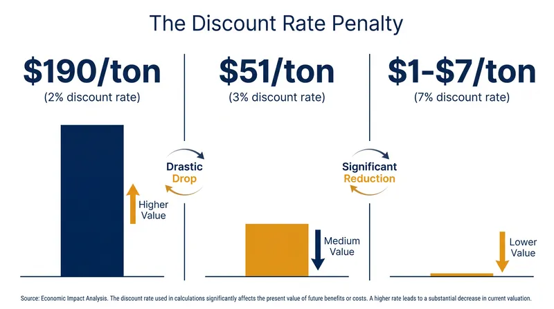 How the choice of discount rate drastically alters the calculated cost of carbon emissions.