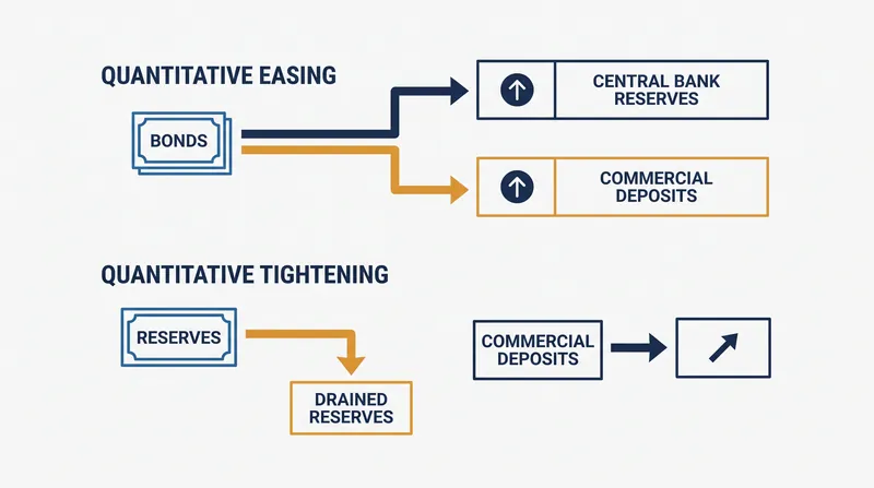 While QE creates both reserves and deposits, QT disproportionately drains reserves while leaving deposits intact.