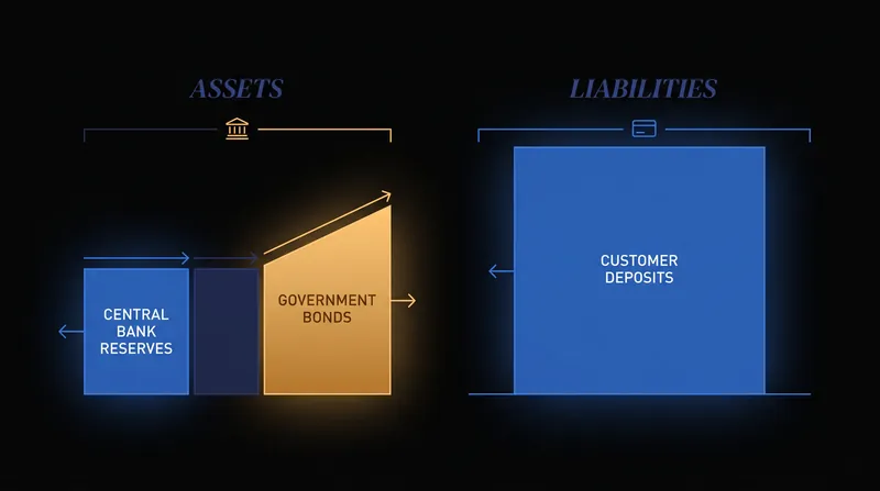 Banks are left holding the same massive deposit liabilities, but with fewer liquid reserves to back them.
