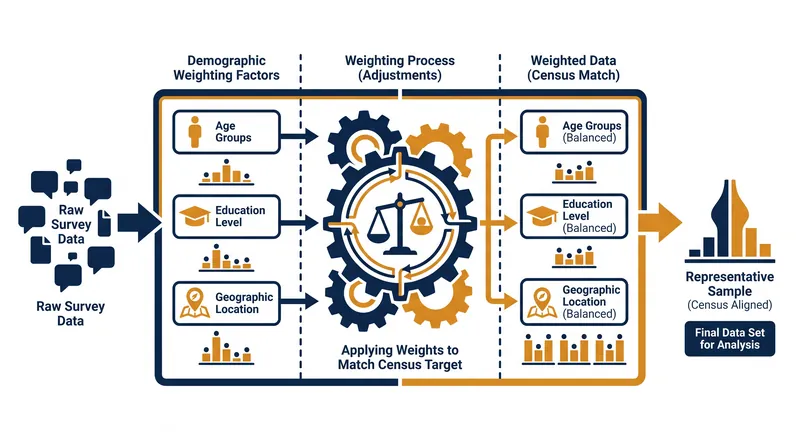 How weighting adjusts raw survey responses to match the actual demographics of a population.