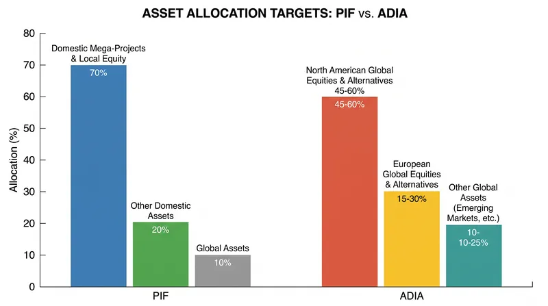 ADIA's portfolio is entirely global, while PIF's is heavily concentrated in the Saudi domestic market.
