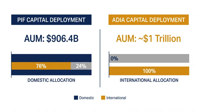 Despite managing similar pools of capital, PIF and ADIA deploy their wealth in opposite directions.