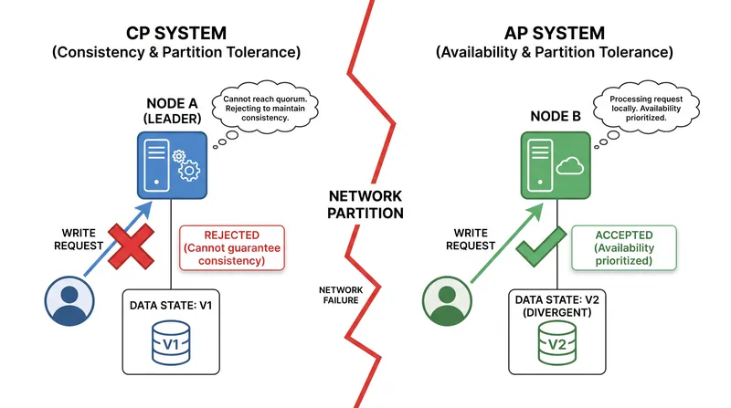 When a network fails, databases must choose between rejecting user requests (Consistency) or accepting them and risking conflicting data (Availability).