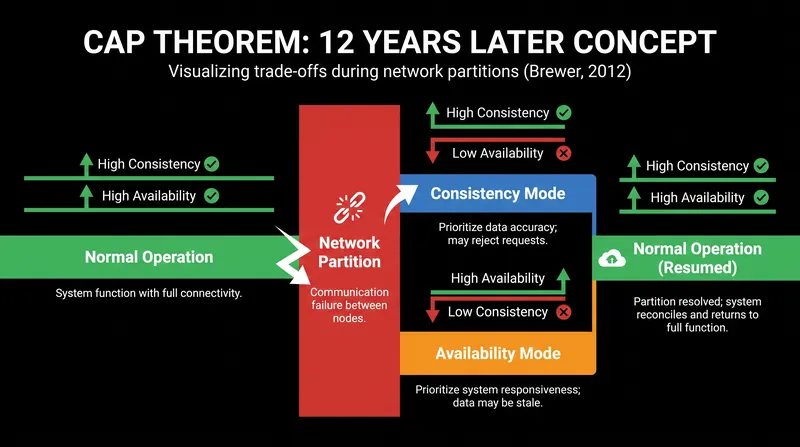 Modern interpretations of the CAP theorem emphasize that the trade-off between consistency and availability only applies during active network failures.