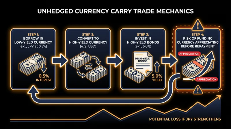 The core mechanism of the carry trade involves borrowing in a low-yield currency to fund investments in a high-yield jurisdiction.
