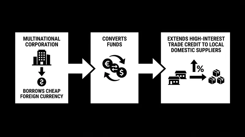 Non-financial corporations frequently utilize their access to cheap foreign debt to extend higher-interest trade credit, acting as shadow financial intermediaries.