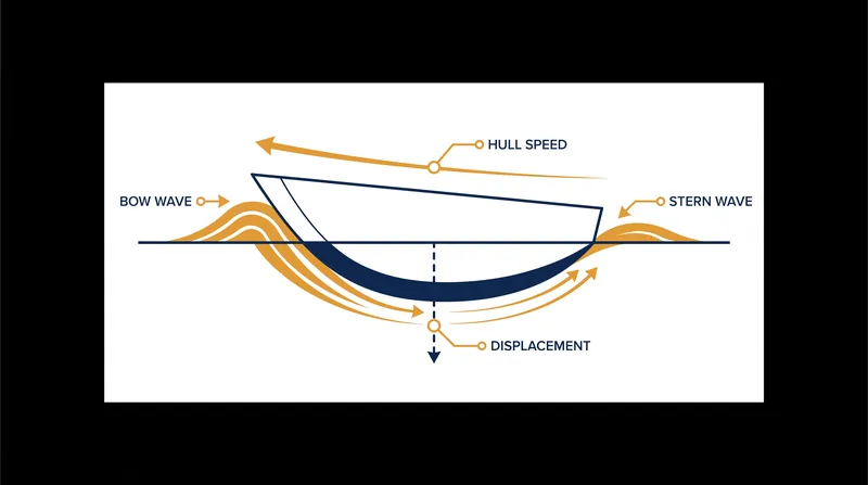 A displacement hull pushes through the water, eventually becoming trapped between its own bow and stern waves at its maximum 'hull speed.'