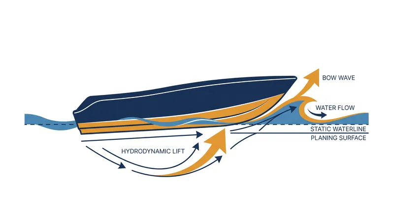 A planing hull uses hydrodynamic lift to climb over its bow wave, drastically reducing water resistance to achieve high speeds.