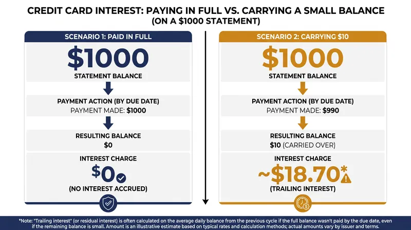 Carrying a nominal $10 balance retroactively revokes the grace period on the entire average daily balance.