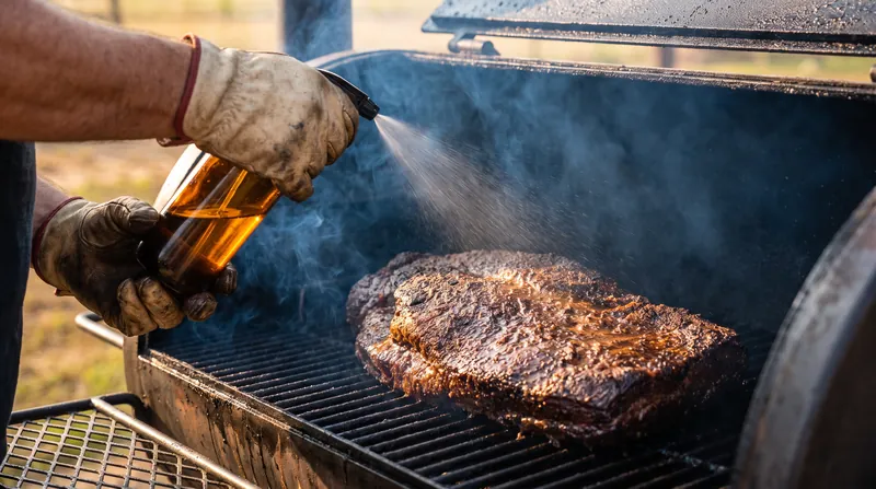 Spritzing the meat cools the surface and provides the moisture necessary for nitrogen dioxide to dissolve and react with the meat.