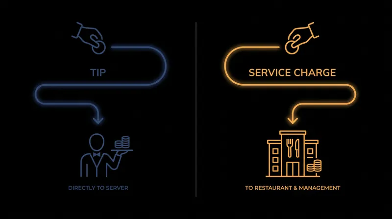 Under federal law, tips belong to employees, while service charges are the property of the employer.