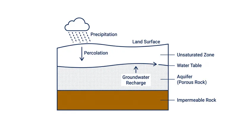 Aquifers are formations of porous rock that store water in microscopic spaces, replenished slowly by surface percolation.