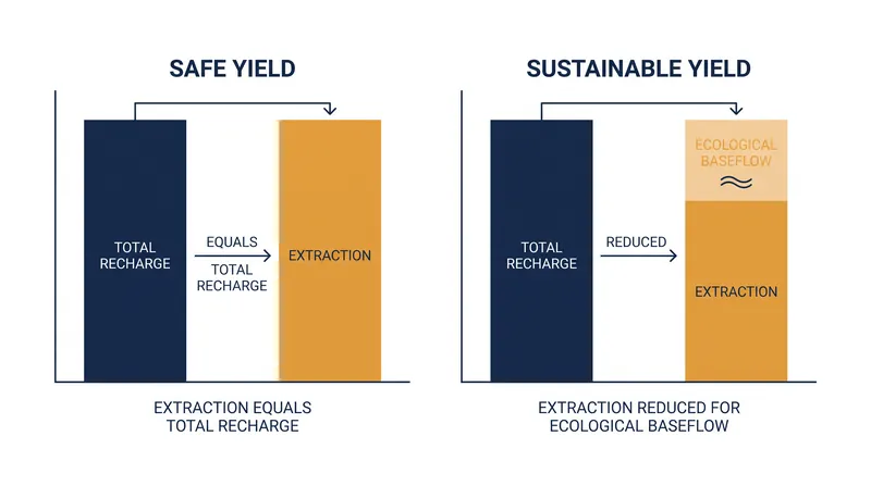 Sustainable yield models require leaving a portion of natural recharge in the aquifer to maintain interconnected surface ecosystems.