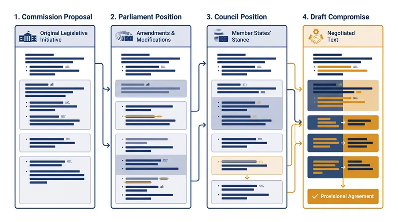 The four-column document serves as the literal blueprint for EU lawmaking during trilogue negotiations.
