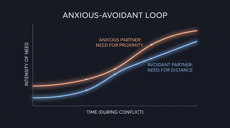 The anxious-avoidant trap occurs when one partner's pursuit of closeness triggers the other's need for distance.