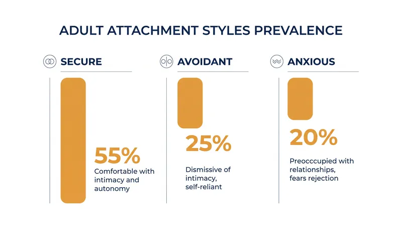 Roughly half of the adult population operates from a secure baseline, while the rest navigate varying degrees of insecure attachment.