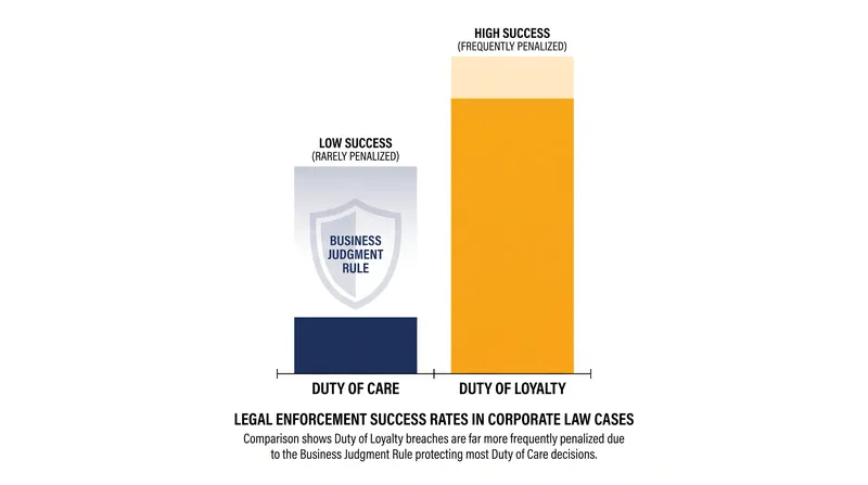 Courts are far more likely to penalize self-dealing (loyalty) than poor strategic decisions (care).