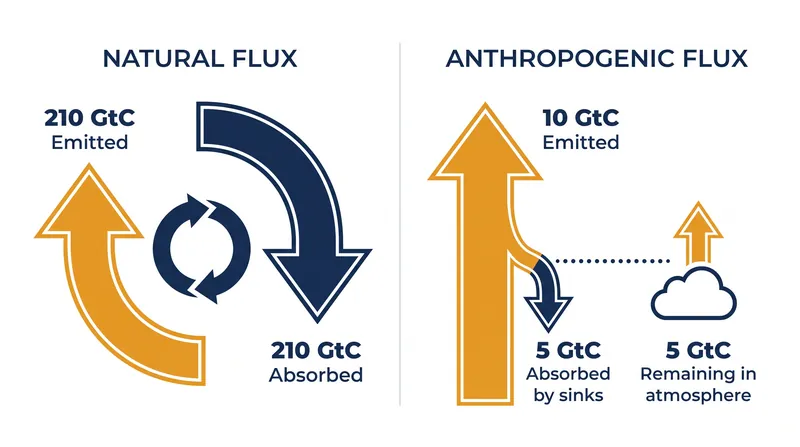 While natural carbon fluxes are massive, they operate in equilibrium. Human emissions introduce an unbalanced surplus.