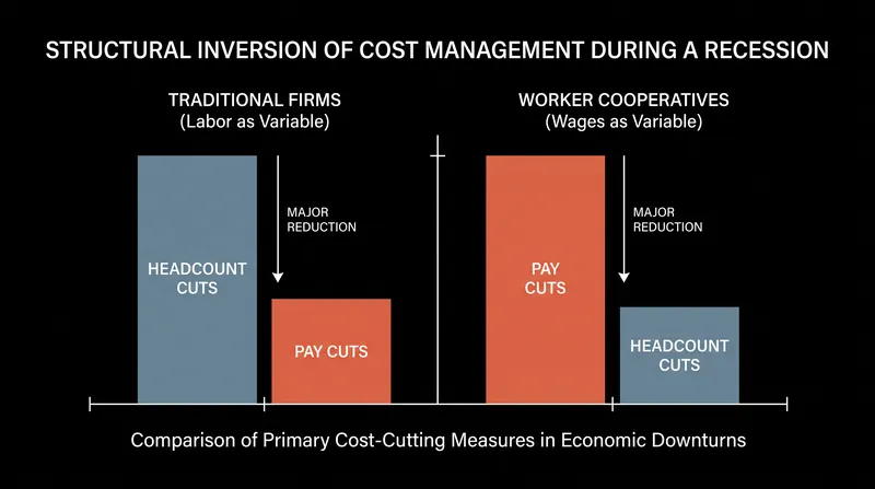 While traditional firms protect wages by cutting jobs, cooperatives protect jobs by temporarily reducing wages.
