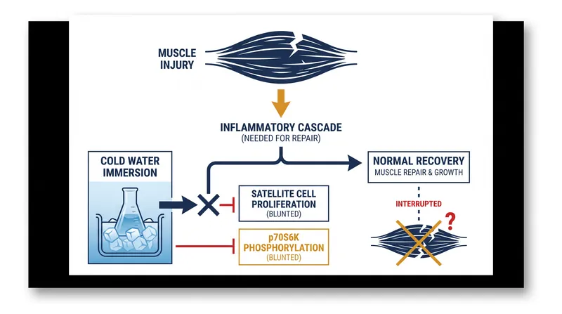 How cold water immersion interrupts the cellular signaling required for muscle hypertrophy.