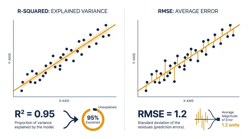 R-squared measures how well the model explains variance, while RMSE measures the absolute distance of the errors.