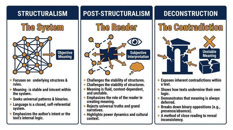 How the locus of meaning shifts across the three major frameworks of 20th-century literary theory.