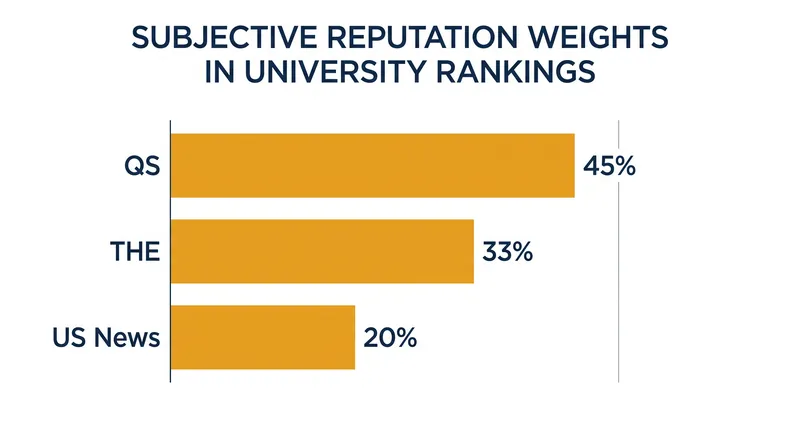 The percentage of a university's total score derived from subjective reputation surveys varies wildly by publisher.