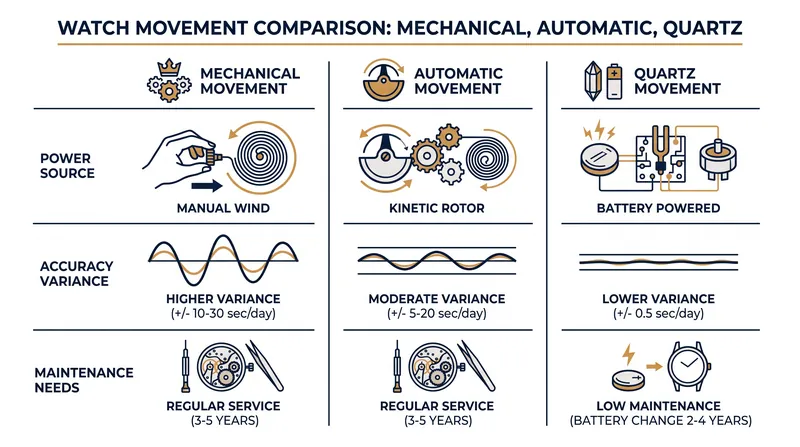 Comparing the core mechanics, accuracy, and power sources of the three primary watch movements.