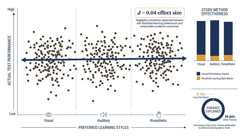 Meta-analyses show that matching instruction to learning styles has essentially zero effect on outcomes.