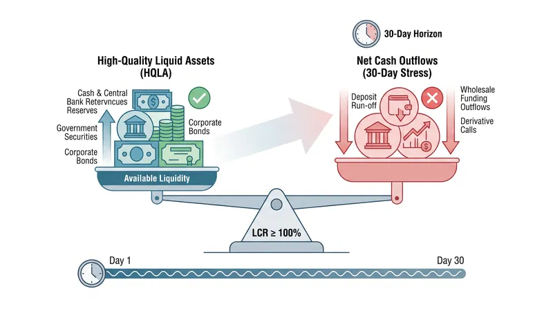 The Liquidity Coverage Ratio ensures banks hold enough easily sellable assets to survive a 30-day cash panic.