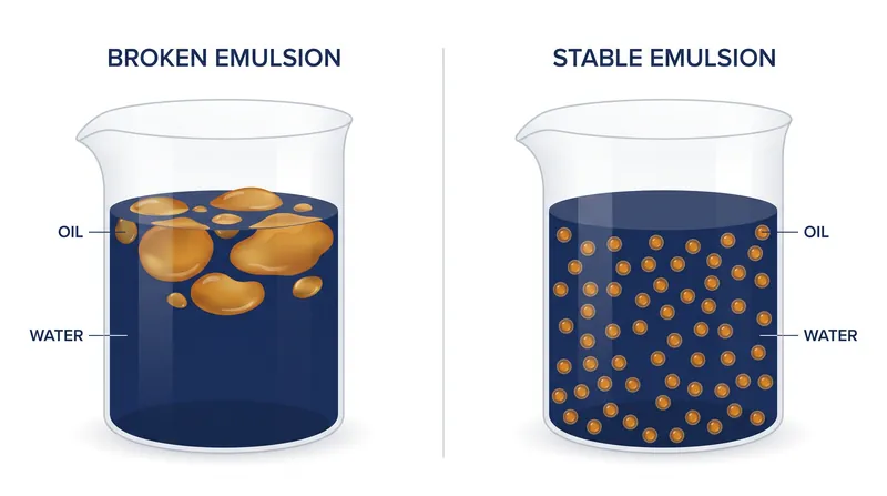 A broken sauce occurs when oil droplets coalesce; fixing it requires re-establishing the continuous water phase.