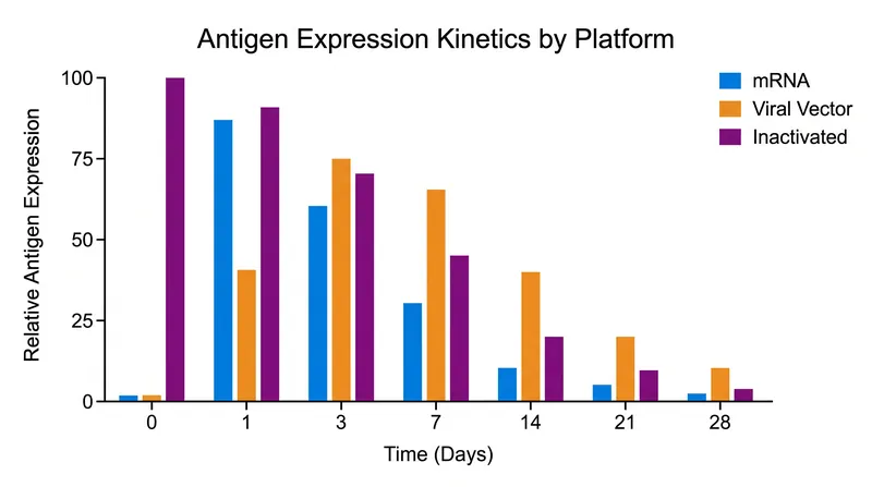 Different platforms exhibit distinct timelines for peak antigen expression and immune activation.