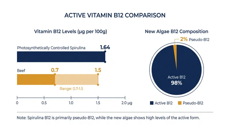 The engineered Spirulina matches or exceeds the active vitamin B12 output of standard beef cuts.