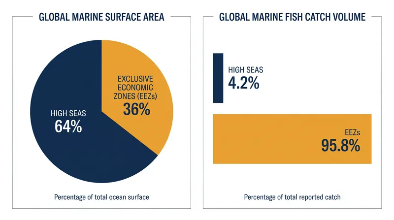 While the High Seas cover nearly two-thirds of the ocean, EEZs contain over 95 percent of the world's commercial fisheries.