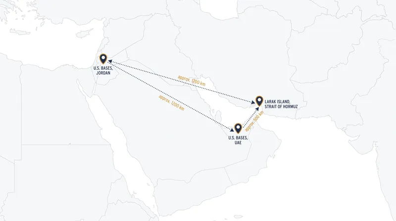 The geographic spread of the latest escalation, spanning from the Strait of Hormuz to the Levant.