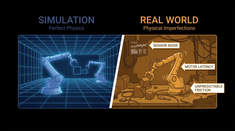 The reality gap occurs because virtual simulations cannot perfectly model the physical friction, latency, and noise of the real world.